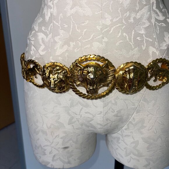 Vintage Womens Chain Belt One Size Metal Tiger Lion Elephant Head Waist Hip Rare - Picture 2 of 16